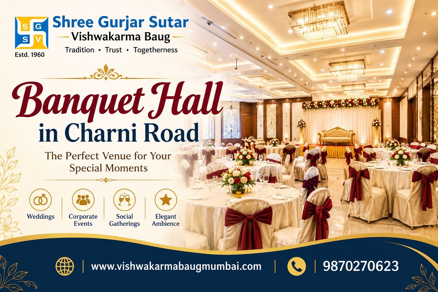 Banquet Hall in Charni Road for weddings, parties, and special events.