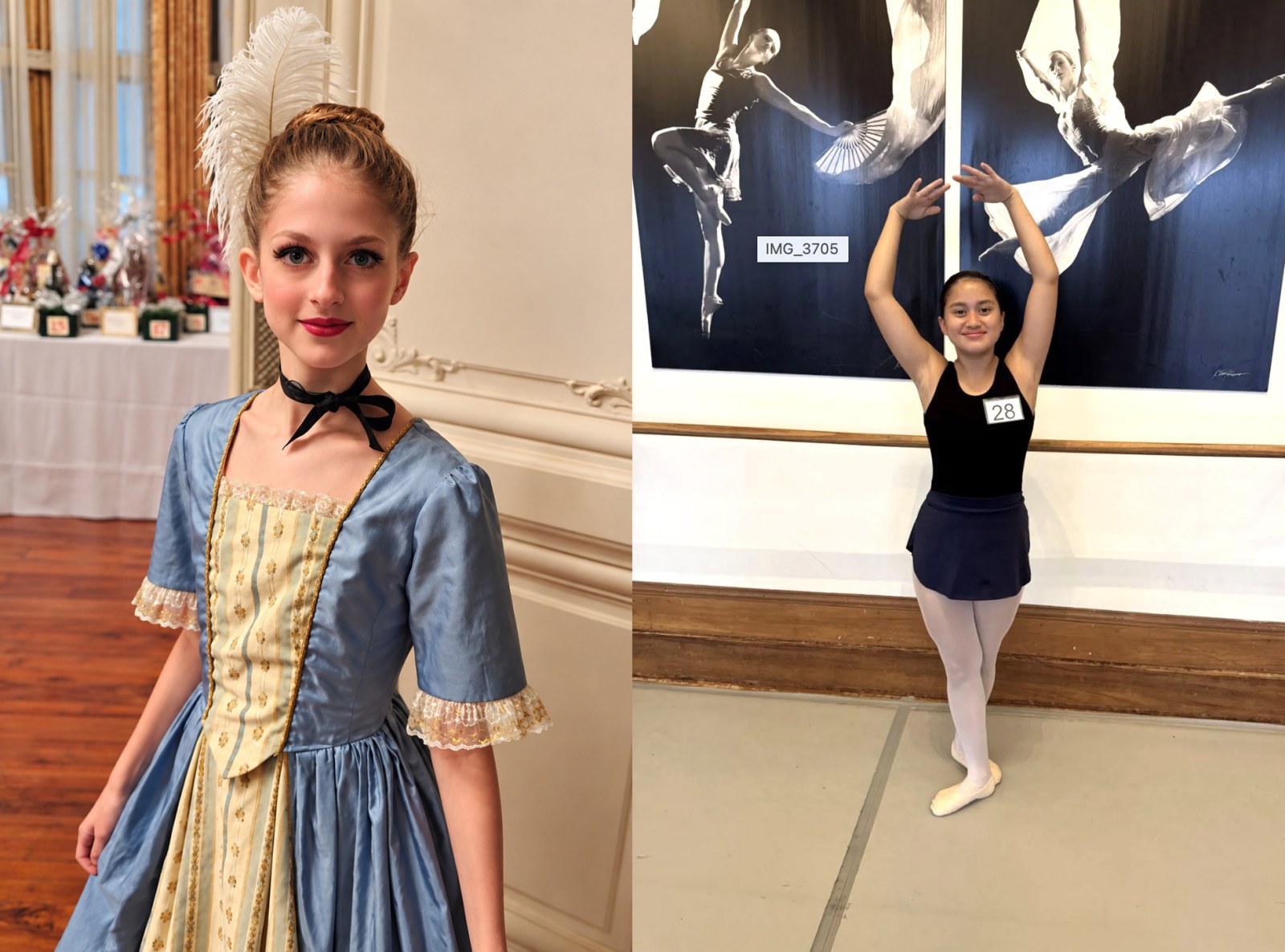 Side-by-side portrait of Mary Jane “MJ” Milici as a young ballet dancer and Jamie Jasse Pacheco, inaugural recipient of the MJ Milici Ballet Scholarship.