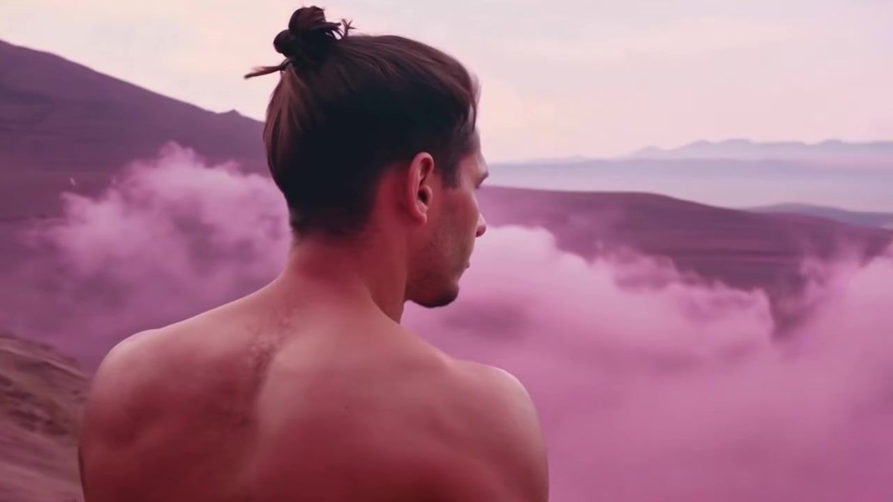 Lalaking nakatalikod sa harap ng mga rosas na ulap, frame mula sa music video