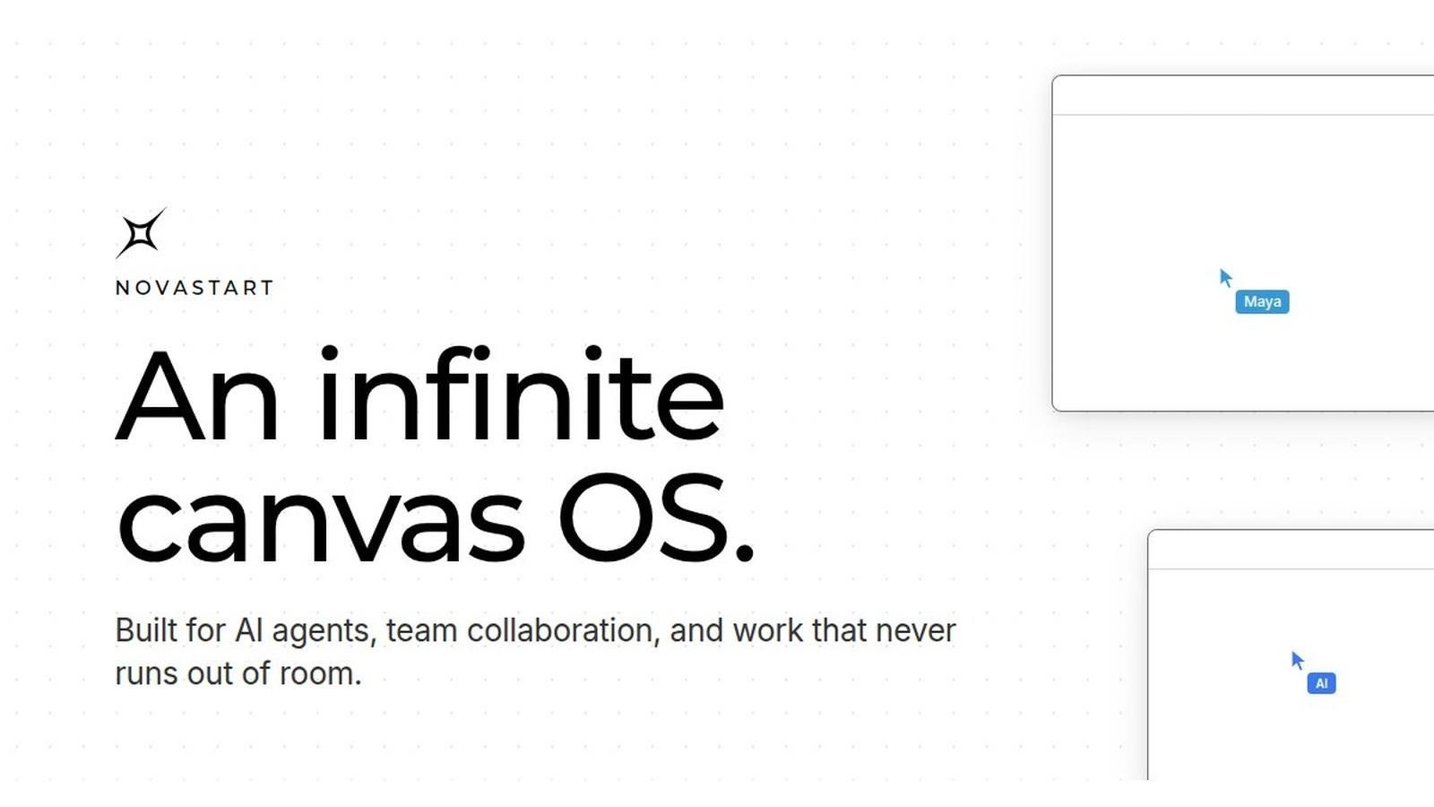 Novastart infinite canvas operating system with AI agents in visible windows