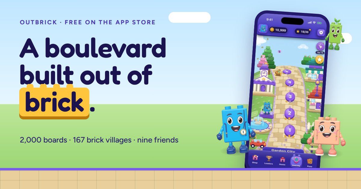 OutBrick promotional artwork with a phone showing the brick-built Journey, Bloo, Peach and Sprout, and the text “2,000 boards · 167 brick villages · nine friends”.
