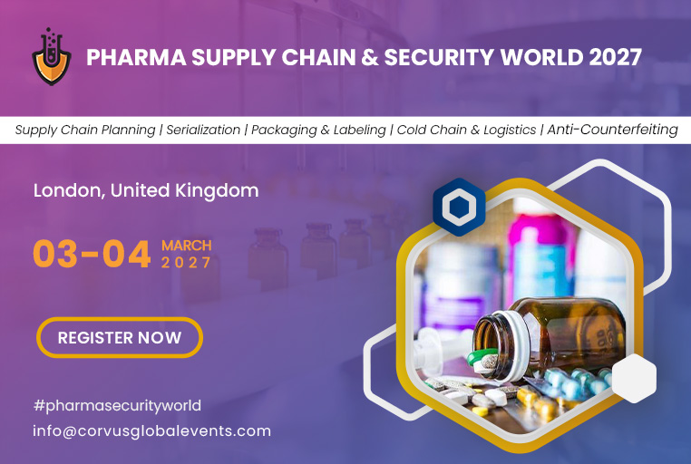 Pharma Supply Chain & Security World 2027 conference banner featuring pharmaceutical supply chain planning, serialization, packaging and labeling, cold chain and logistics, and anti-counterfeiting, taking place on 03–04 March 2027 in London, United Kingdo
