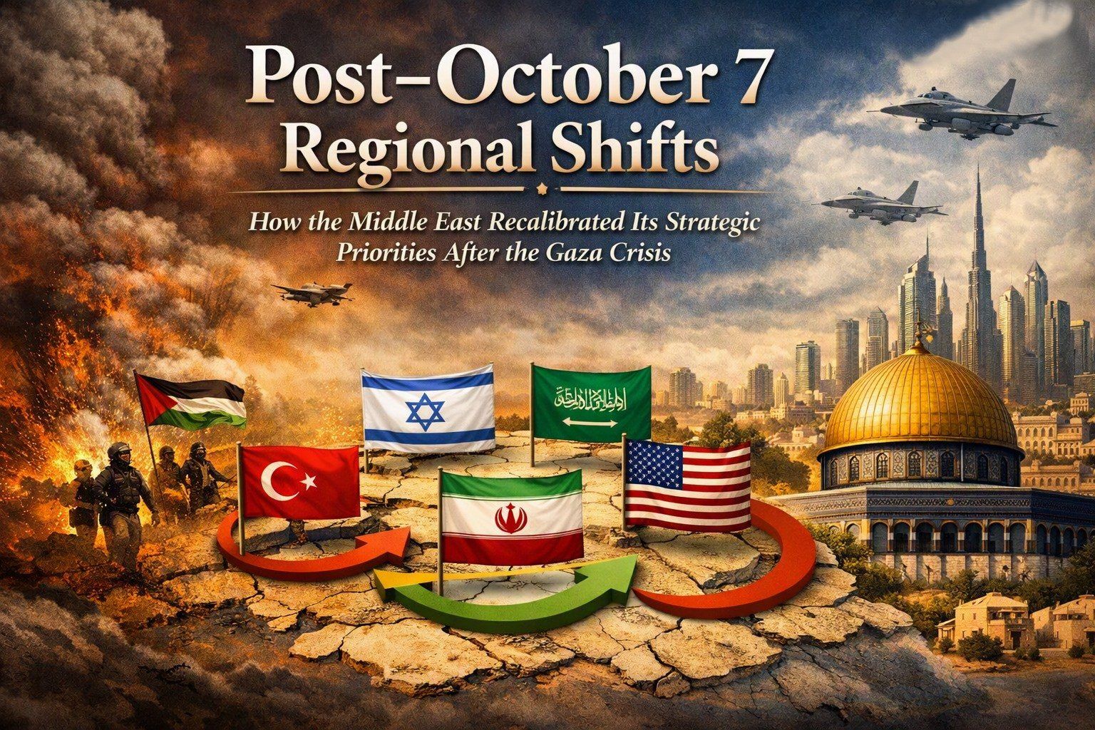 Geopolitical analysis cover image showing Middle East regional shifts after the October 7 Gaza crisis, highlighting Israel’s security reassessment, Iran’s calibrated response, Gulf diplomacy, and non‑state actors’ expanding role.