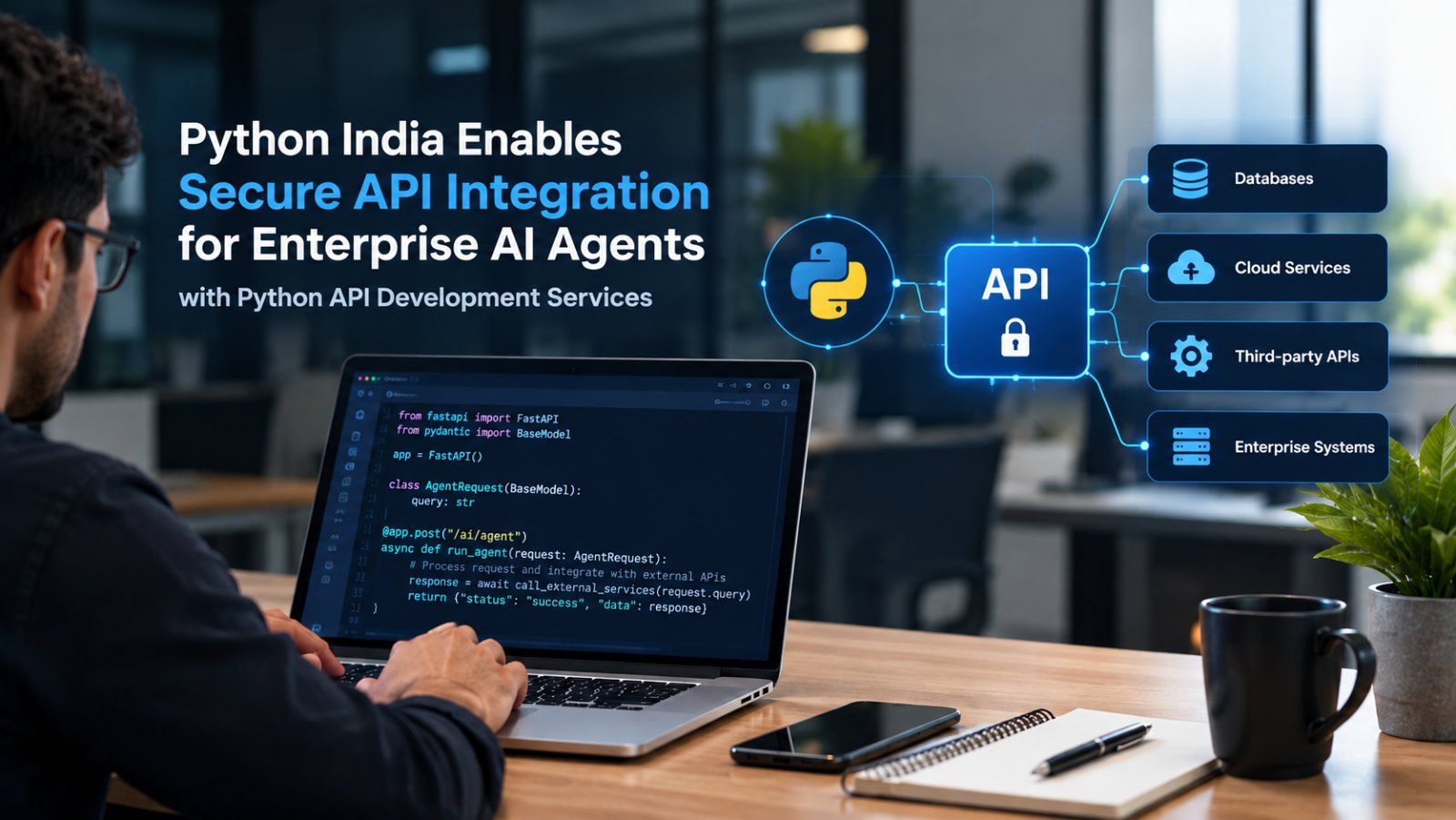 Python India delivers Python API development services for secure enterprise AI agent integration, enabling reliable data exchange and connections with business systems.