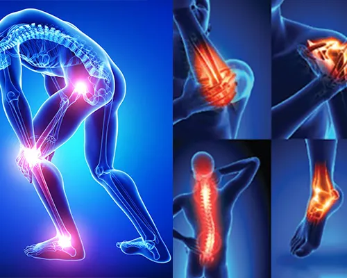 Illustration of a human body highlighting joint pain areas, including the knee, shoulder, elbow, spine, and ankle, with glowing red spots indicating inflammation and discomfort.