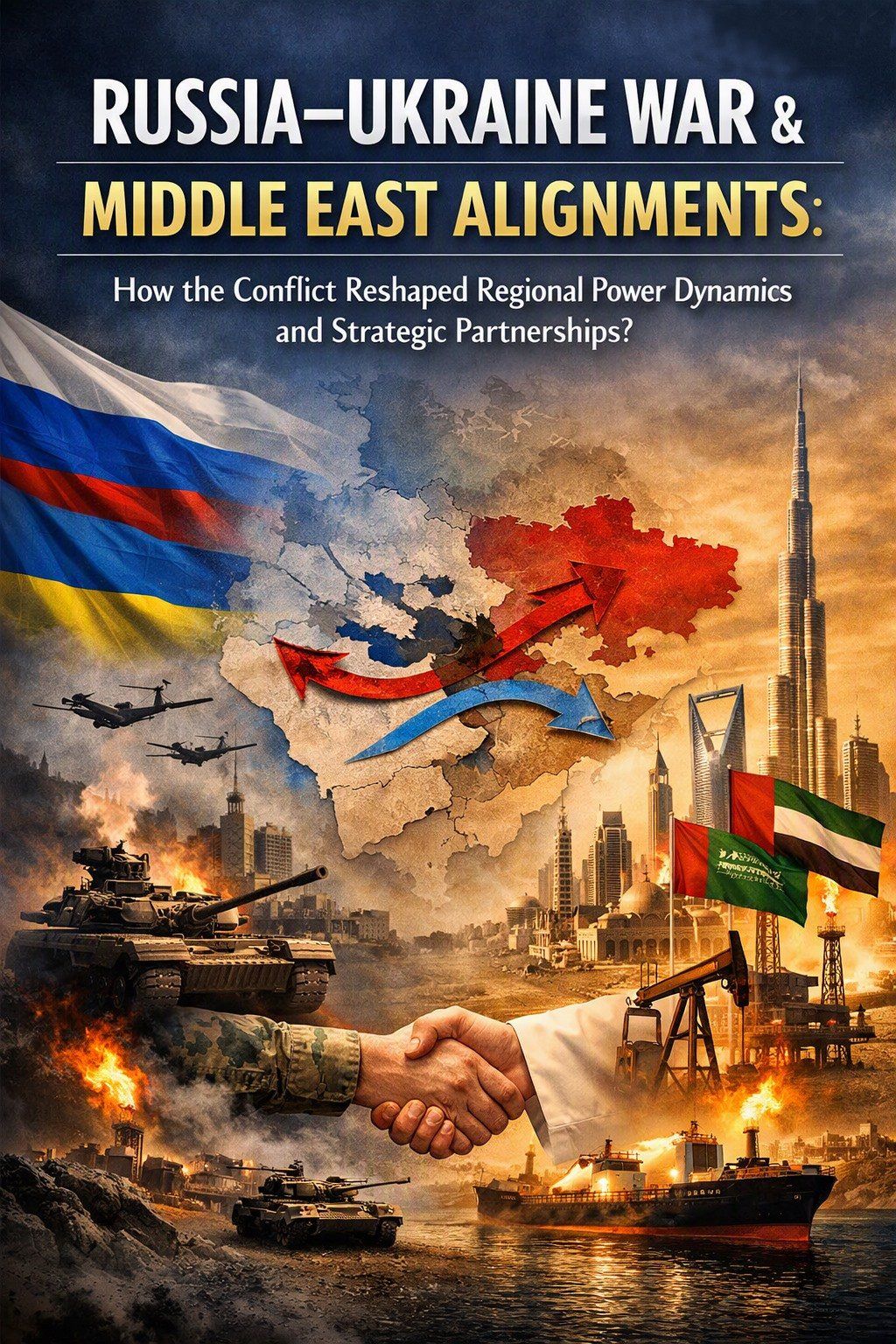 Geopolitical analysis cover image showing Middle East map with Russia–Ukraine war influence, energy networks, and strategic autonomy theme.