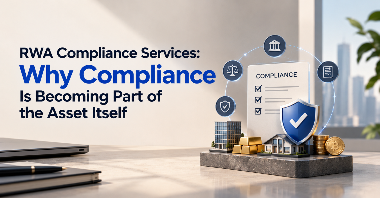 RWA compliance services illustration showing tokenized real-world assets protected by a compliance checklist and security shield.