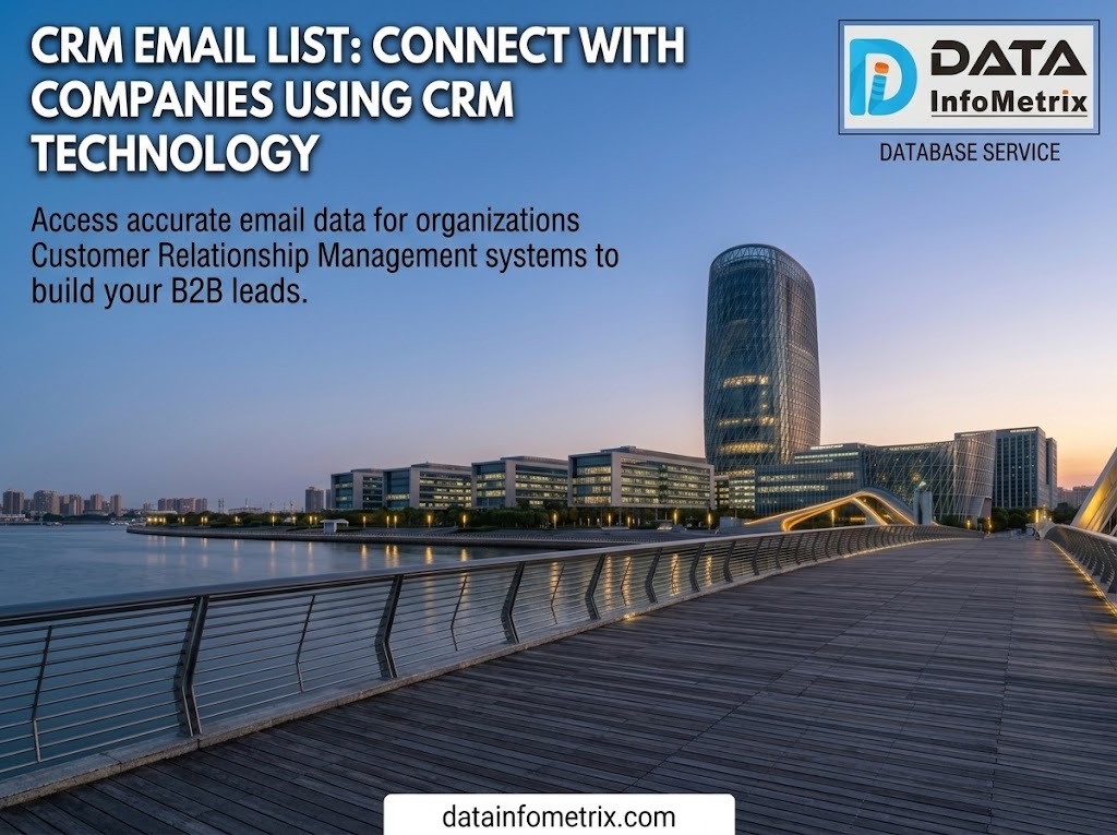 Image Alt Text Promotional banner for Data InfoMetrix offering CRM email lists against a backdrop of a modern cityscape with skyscrapers along a waterfront at dusk.