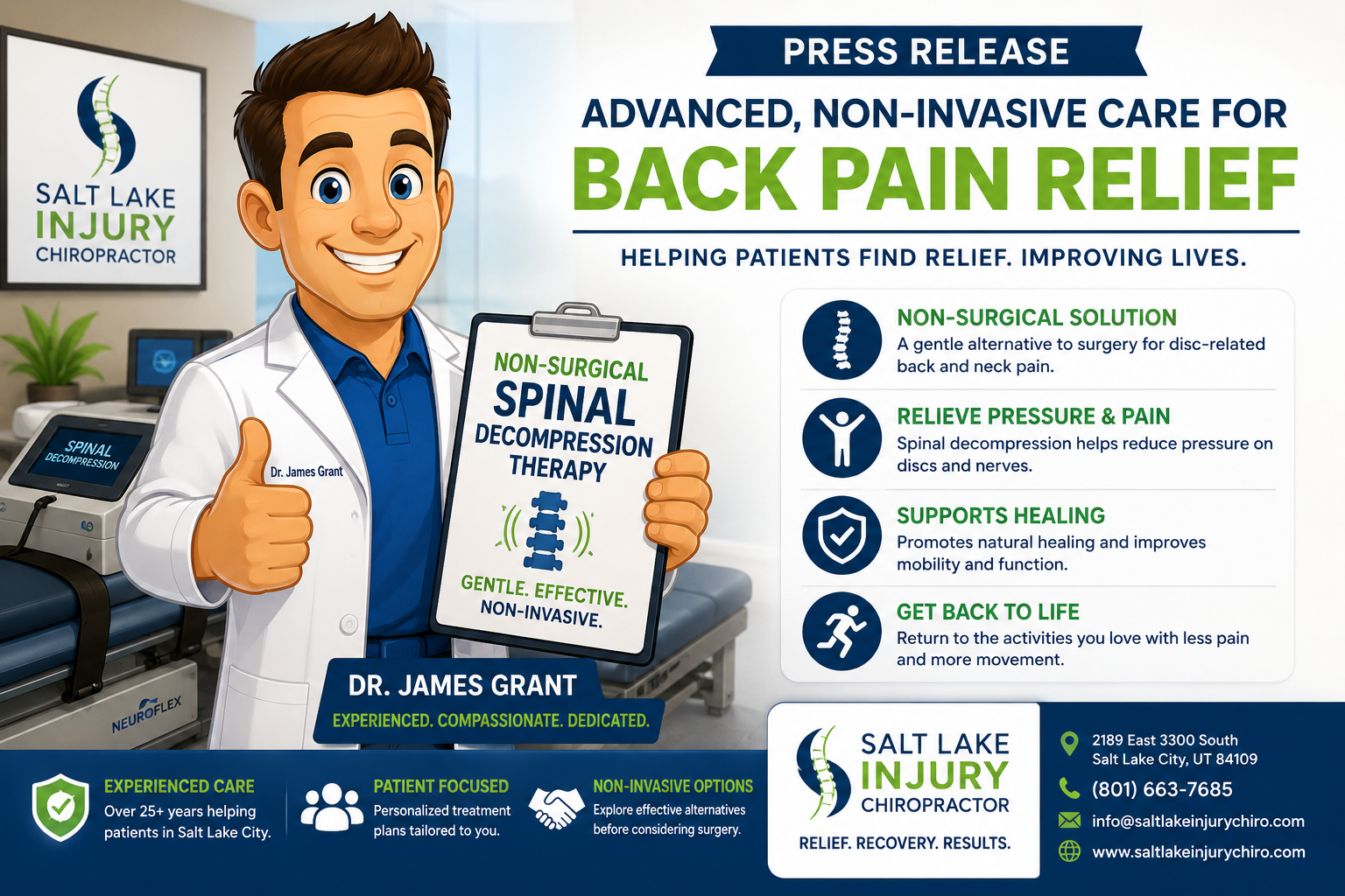 Cartoon chiropractor mascot holding a sign for spinal decompression therapy inside a chiropractic clinic, promoting non-invasive back pain treatment and recovery services.