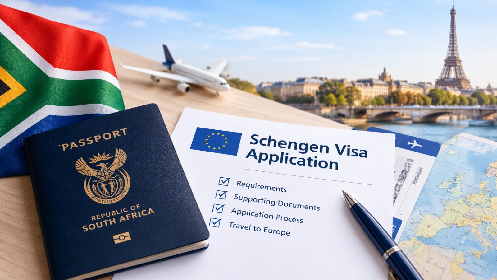 South African passport and flag beside a Schengen visa application form, travel documents, and European map with the Eiffel Tower in the background.