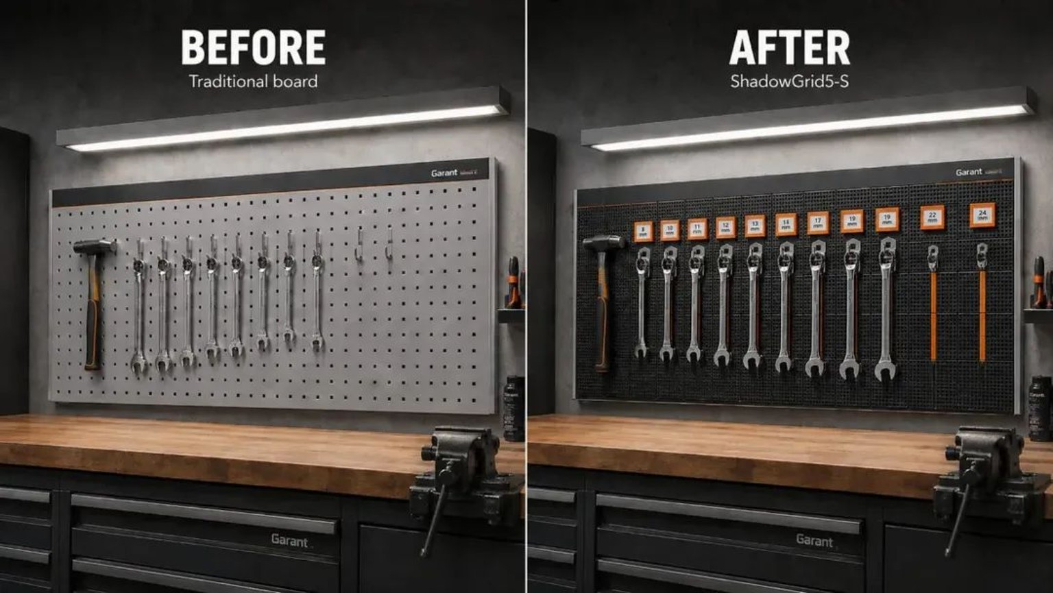 Before-and-after illustration of a tool wall using ShadowGrid5-S magnetic modules and orange position markers.