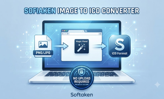 Softaken Image to ICO online tool converting PNG and JPG images into ICO favicon and app icon files directly in the browser without uploads.