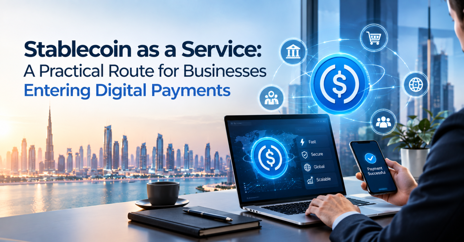 Stablecoin as a Service concept showing digital payment infrastructure, business transactions, and secure global payments.