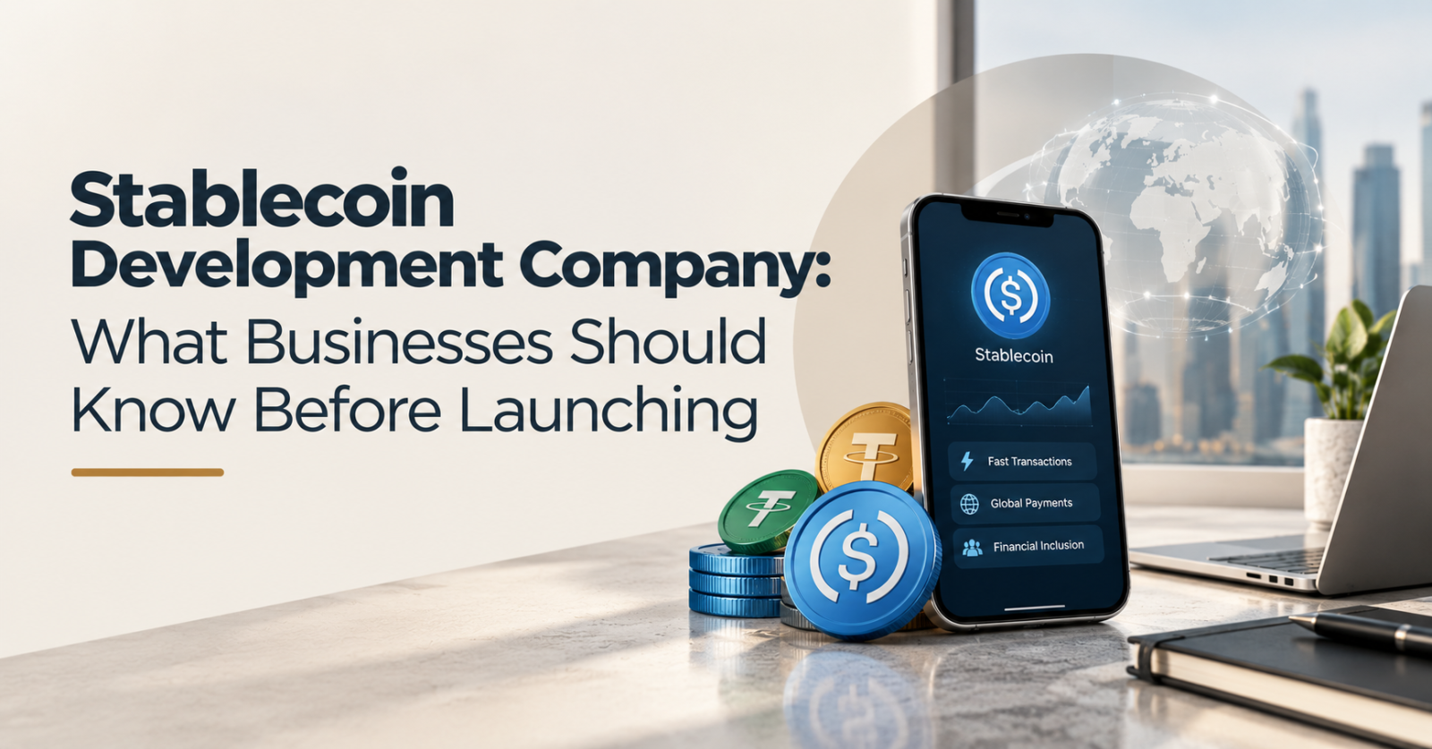 Stablecoin development company concept showing a digital stablecoin wallet, payment features, and global finance network.