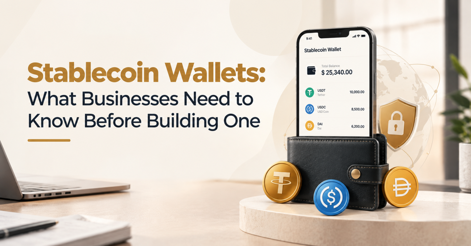 Stablecoin wallet concept showing a secure digital wallet, stablecoin assets, and business-ready payment infrastructure.