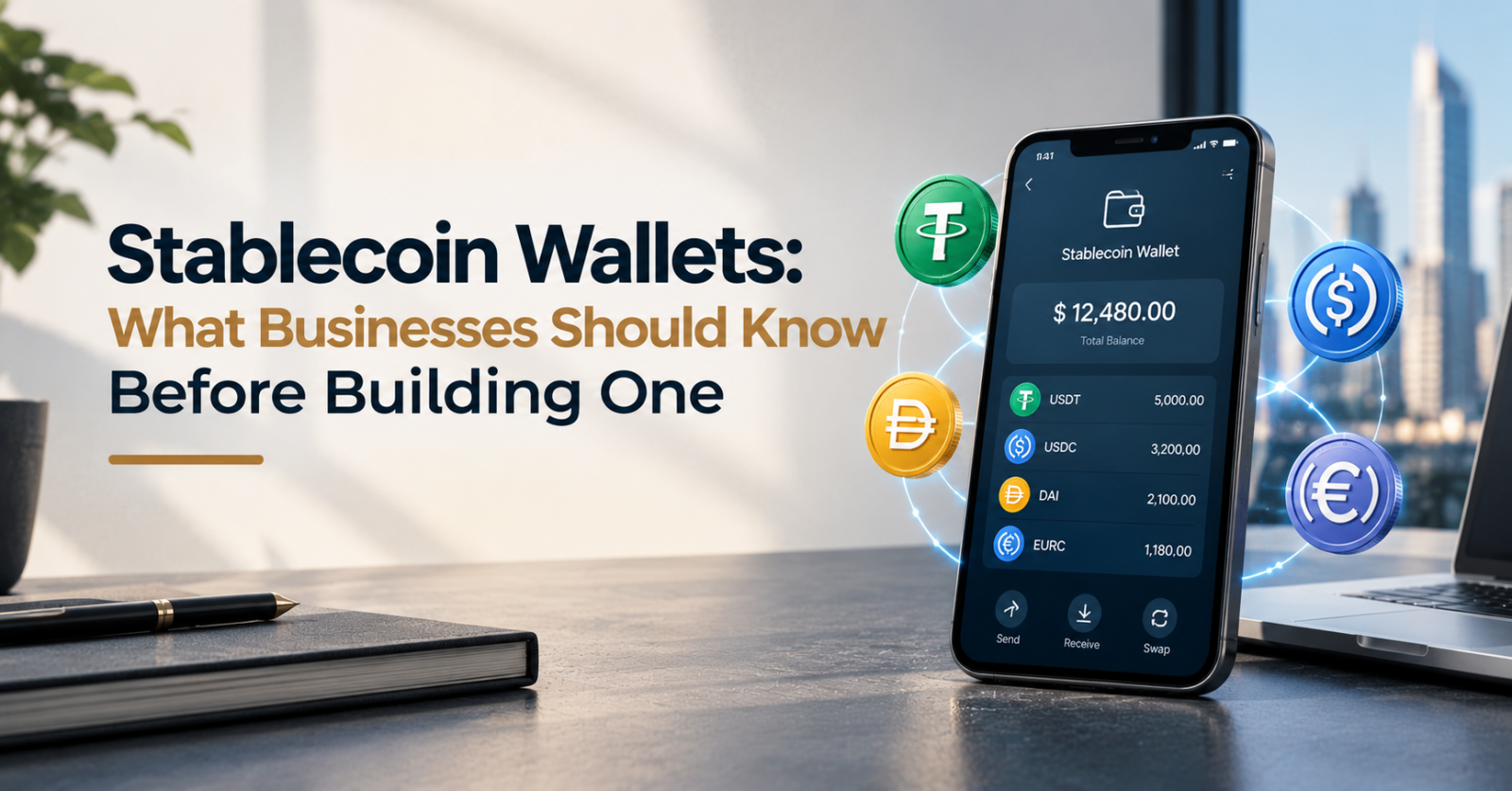 Stablecoin wallet concept showing a business-ready mobile wallet with multiple stablecoin assets.