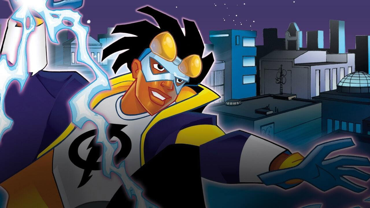 Virgil Hawkins as Static in a long dark trench coat with a yellow lightning emblem and goggles, beside Magpie, with a huge menacing werewolf Joker in the background.