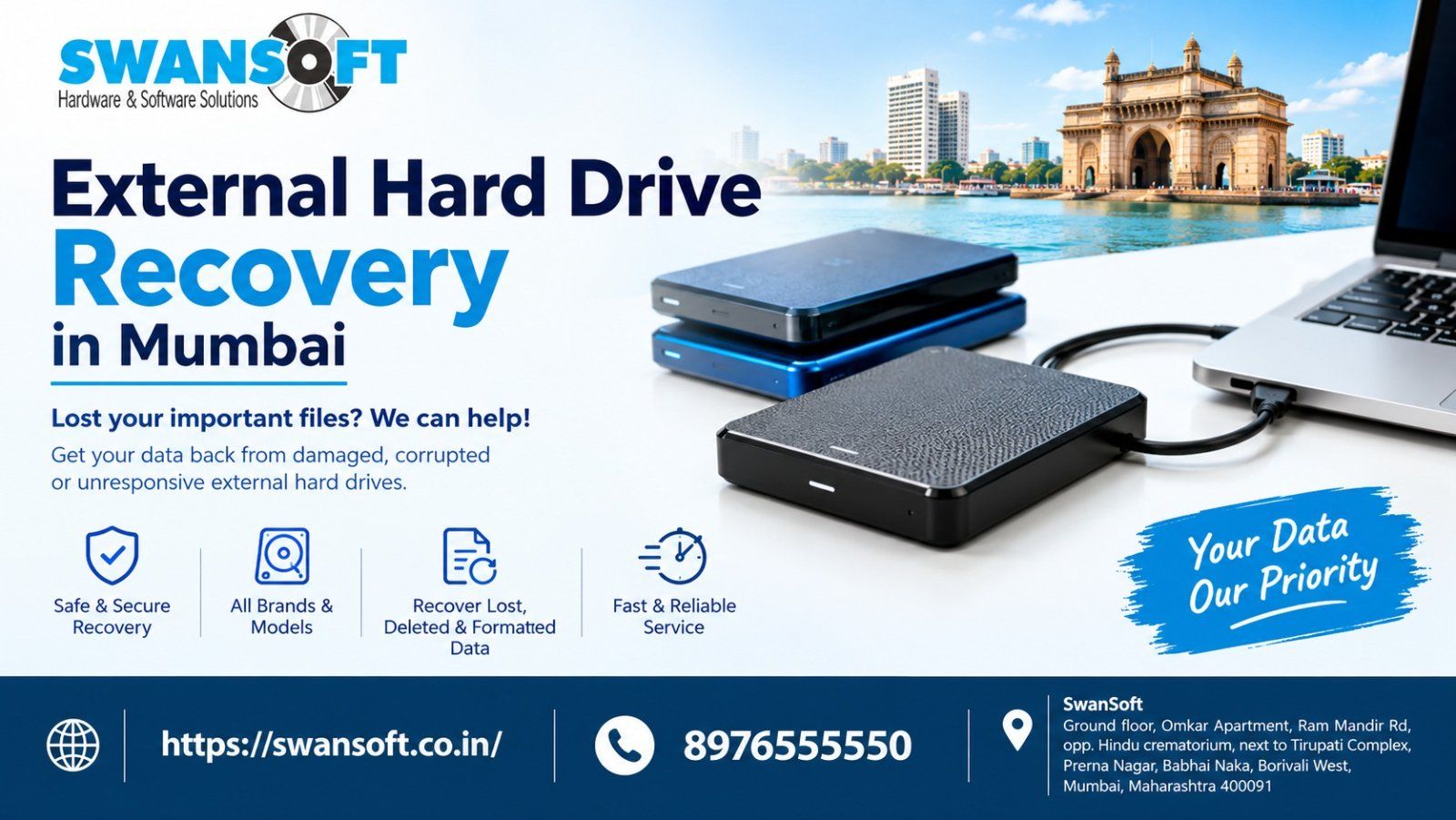 External Hard Drive Recovery in Mumbai by SwanSoft, offering professional data recovery services for damaged, corrupted, and unresponsive external hard drives.