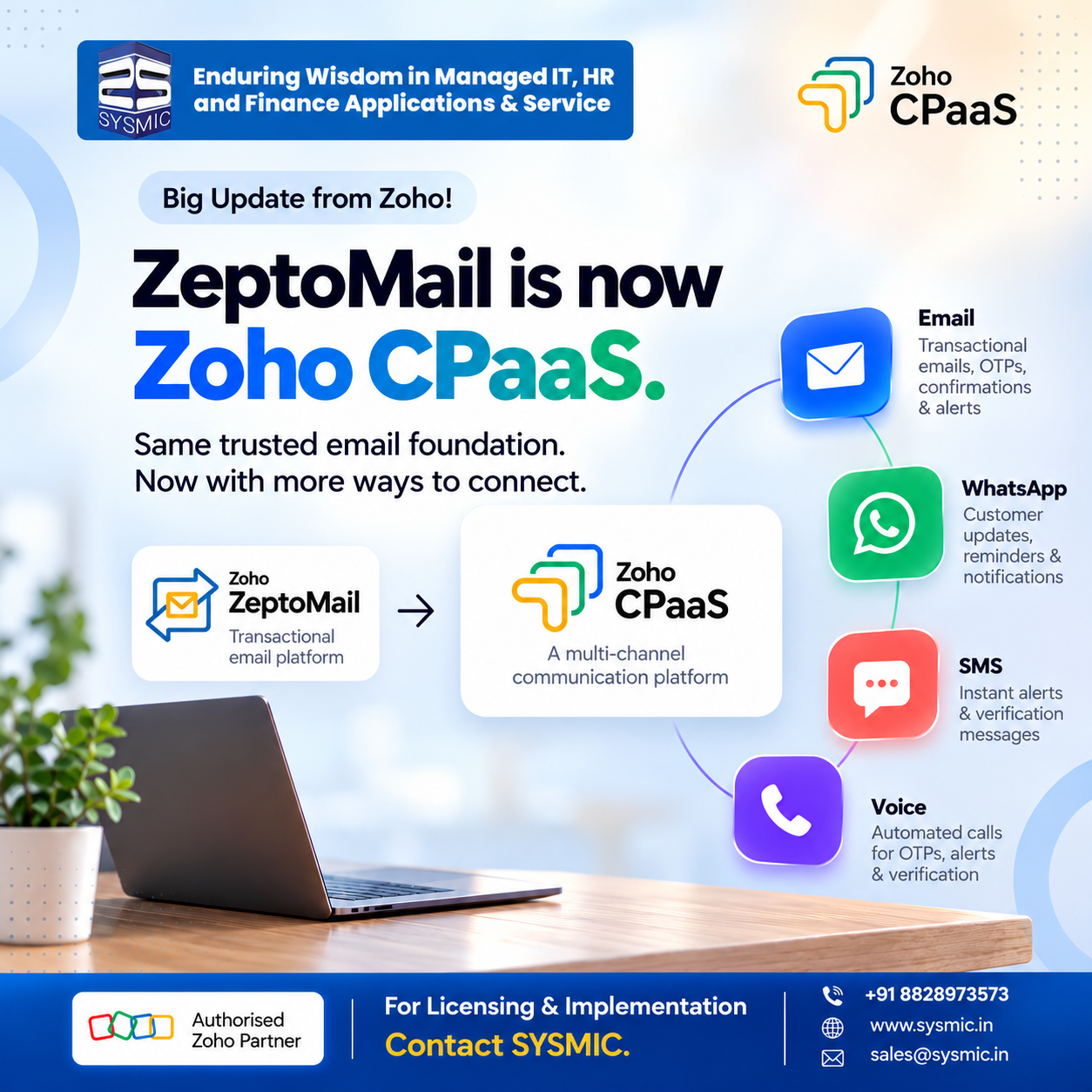 Zoho CPaaS connecting email, SMS, WhatsApp and voice communication for businesses