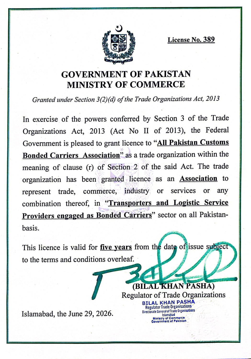 Ministry of Commerce Pakistan Licence No. 389 issued to All Pakistan Customs Bonded Carriers Association