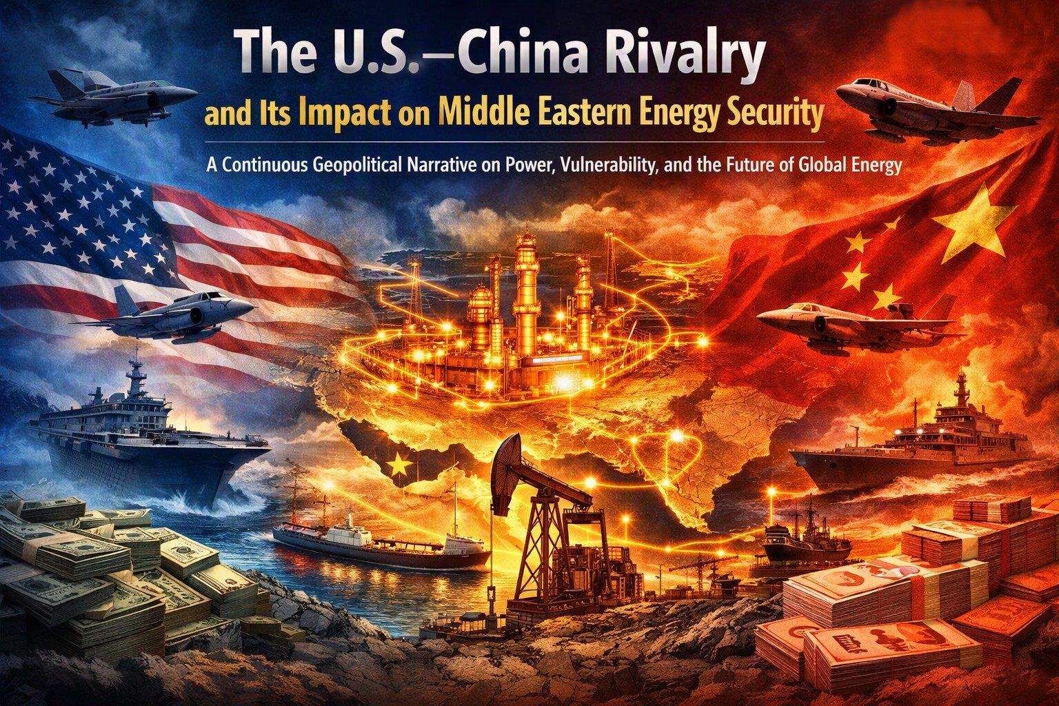 Geopolitical analysis cover image illustrating the U.S.–China rivalry’s impact on Middle Eastern energy security, highlighting China’s oil dependence, vulnerable maritime chokepoints, and shifting regional alliances.