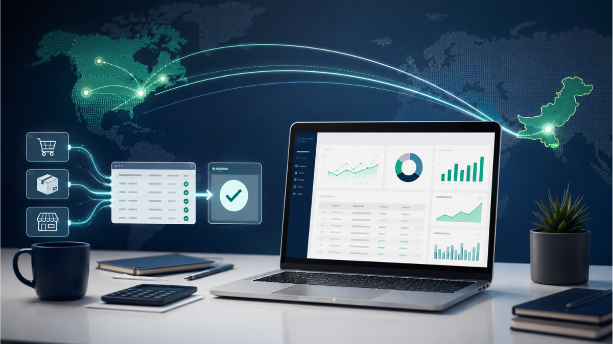 Visualize a modern laptop/dashboard in the center, with abstract Amazon/Shopify-style order and payment data flowing into a clean QuickBooks-style accounting dashboard.