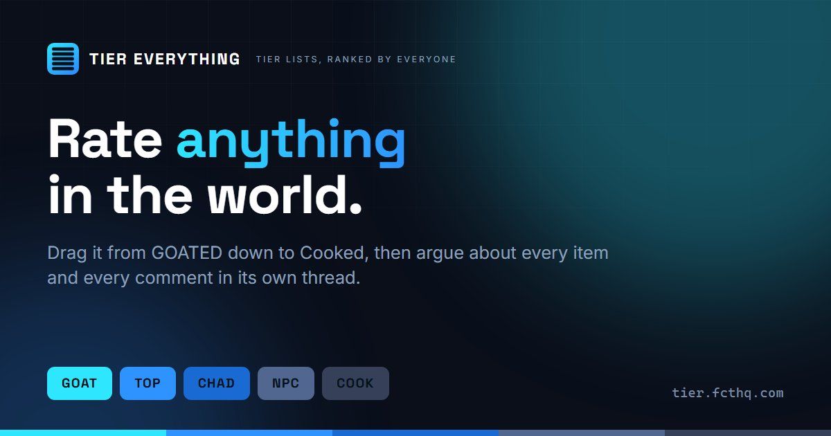 TIER EVERYTHING Launches Free Community Tier-List Site — Rank Anything from GOATED to Cooked, No Account Needed