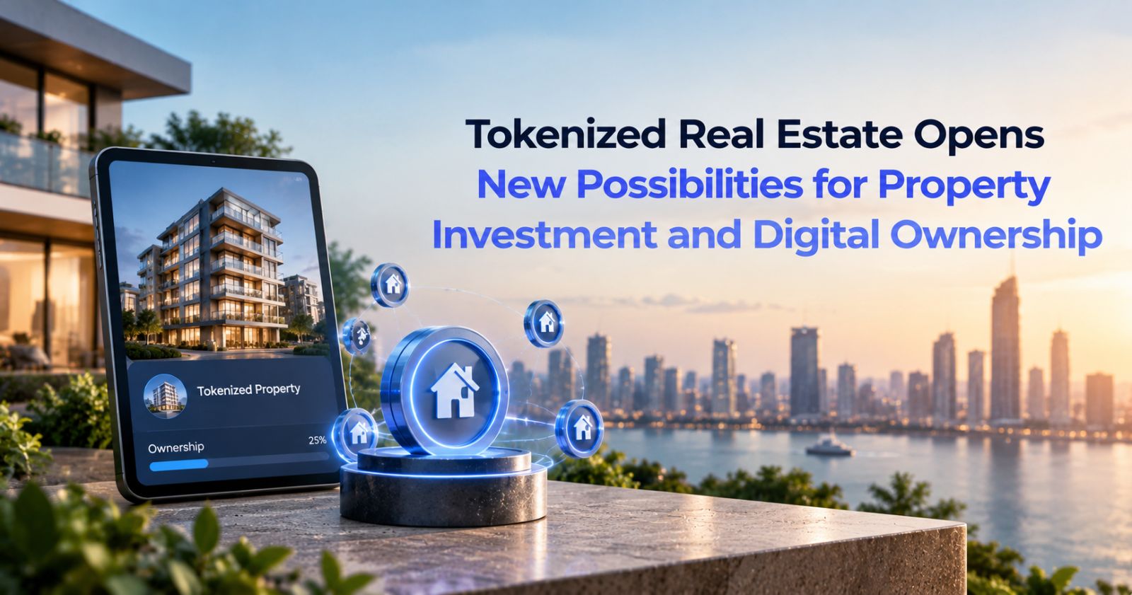 Tokenized real estate banner featuring a modern property, digital ownership tokens, and a waterfront city skyline representing new possibilities for property investment and digital ownership.