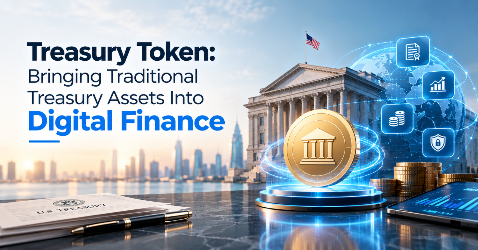 Treasury token concept showing traditional treasury assets transitioning into digital finance.