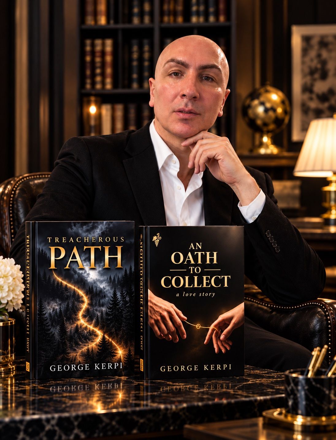 Author George Kerpi pictured with his two published novels, Treacherous Path and An Oath to Collect.