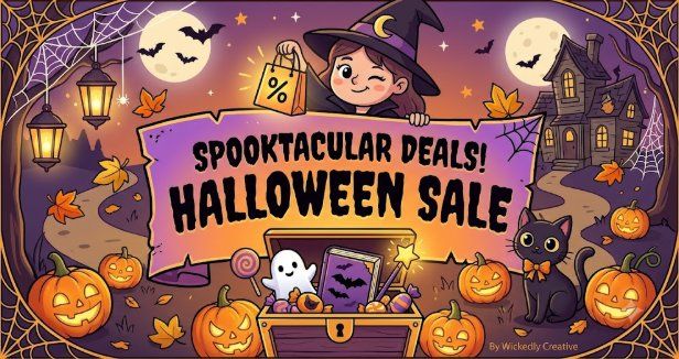 Ubuy Halloween Sale banner featuring a smiling witch with a discount bag, illuminated pumpkins, a ghost, and a black cat next to a spooky house