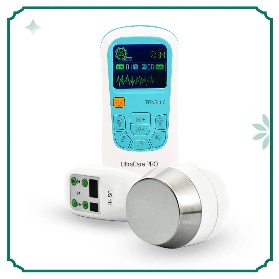 Physio Essential by Ultracare Pro with a portable ultrasound physiotherapy machine and TENS therapy device.