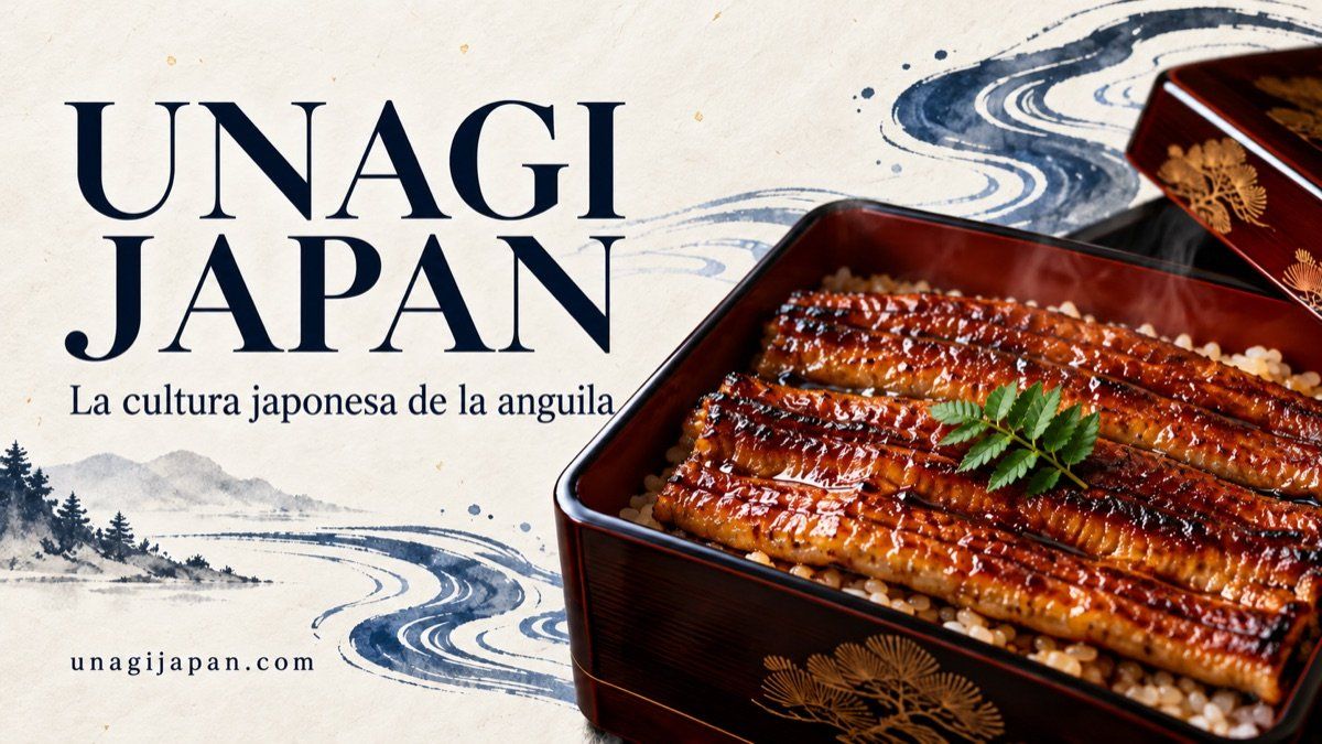 Ilustración de anguila japonesa con texto en español sobre UNAGI JAPAN