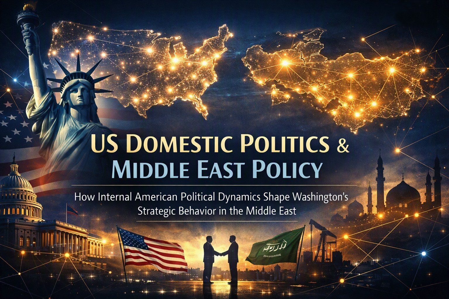 Geopolitical analysis cover image showing U.S. domestic political dynamics, Congress, electoral cycles, and their influence on Middle East policy.