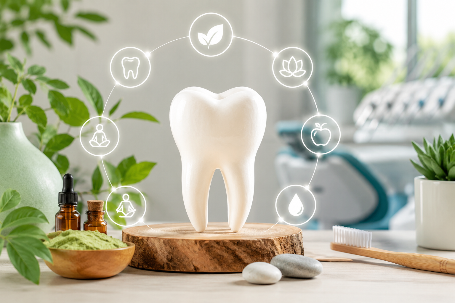 Holistic dentistry concept showing a healthy tooth with natural wellness elements representing whole-body oral health care and preventive dental treatment.