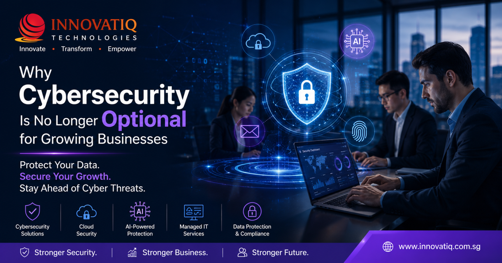 Business professionals working in a modern digital workplace with cybersecurity shield graphics, secure cloud technology, and network protection visuals representing cybersecurity solutions for growing businesses.