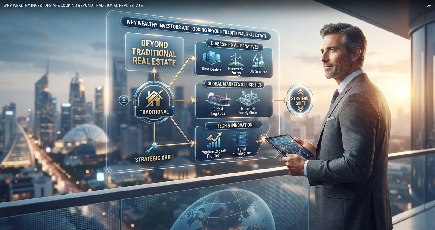 Infographic visualizing a strategic shift in investment from "Traditional Real Estate" to "Diversified Alternatives," "Global Markets & Logistics," and "Tech & Innovation." A businessman on a balcony views the digital diagram